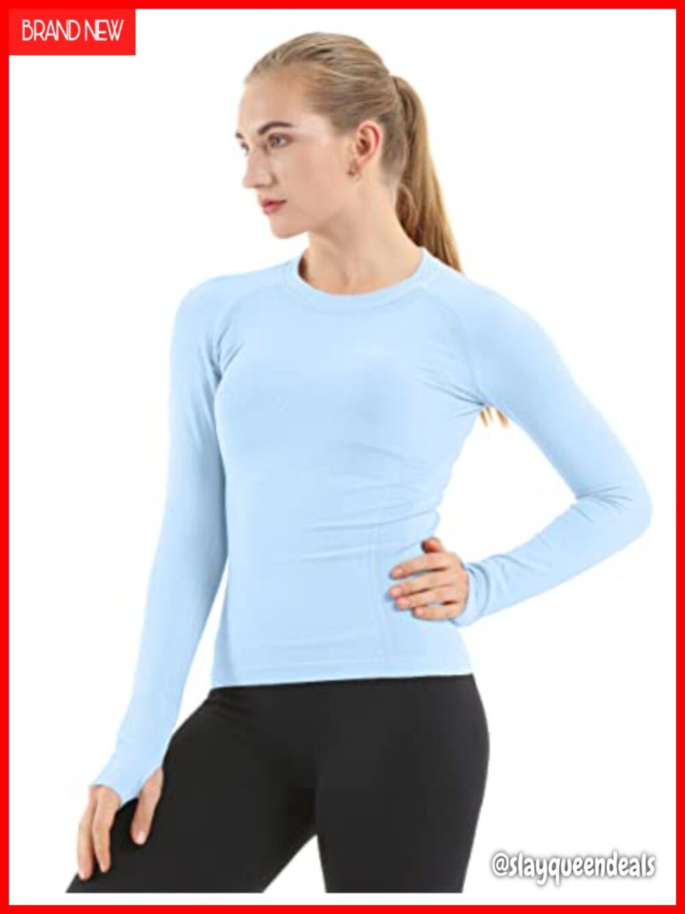 Seamless Long Sleeve Workout Top Thumb Holes Crew Neck Gym Yoga